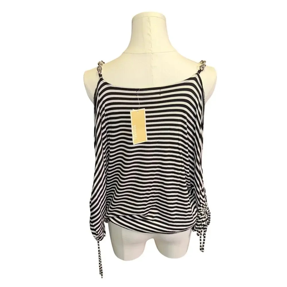 Michael Kors Cold Shoulder Top L Striped Black White Chain Strap